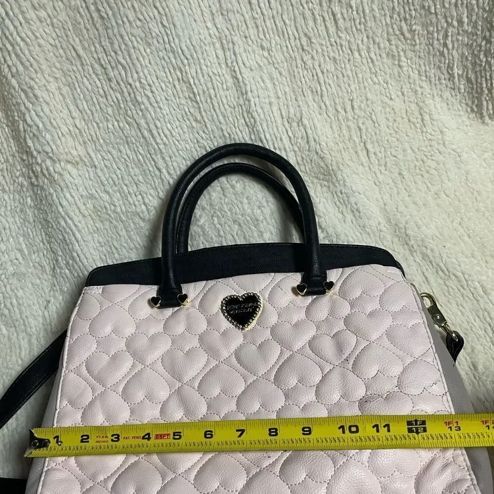 Betsey Johnson Heart Quilted Pink , Black & gray strims & strap Satchel
